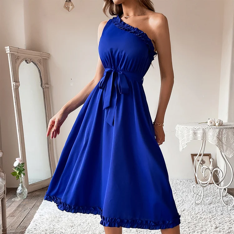 Fashion Sexy Solid Color Slanted Shoulder Elegant Party Lace Midi Dress