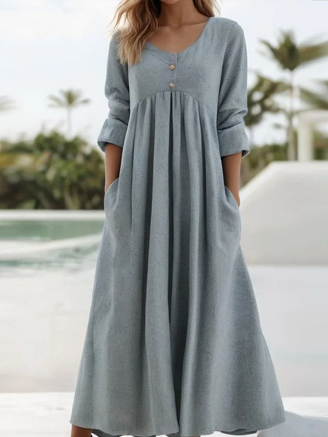 Women's Casual V-neck Solid Color Long Sleeve Splicing Dress