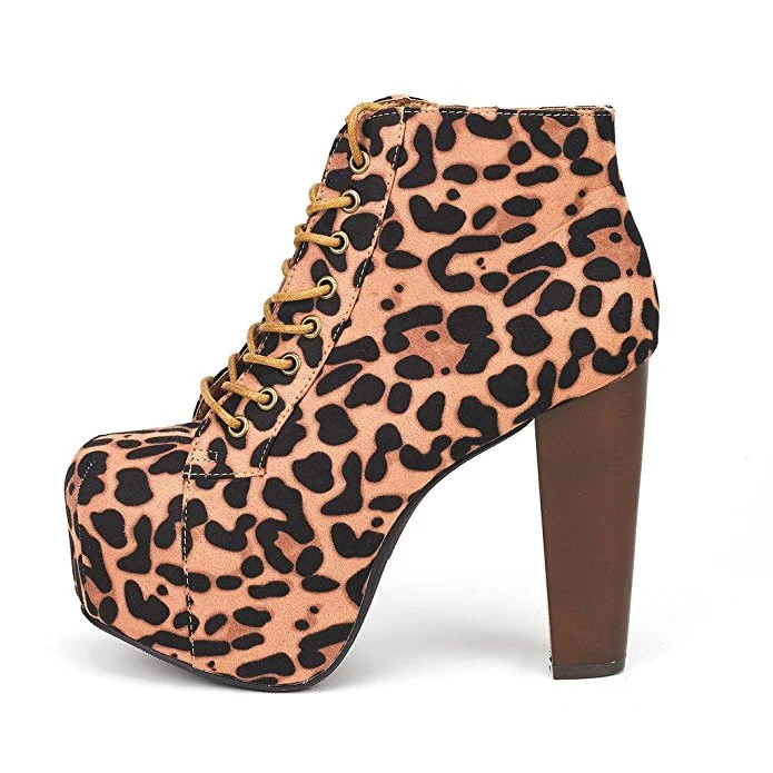 Leopard Lace-Up Chunky Heel Platform Booties Vdcoo