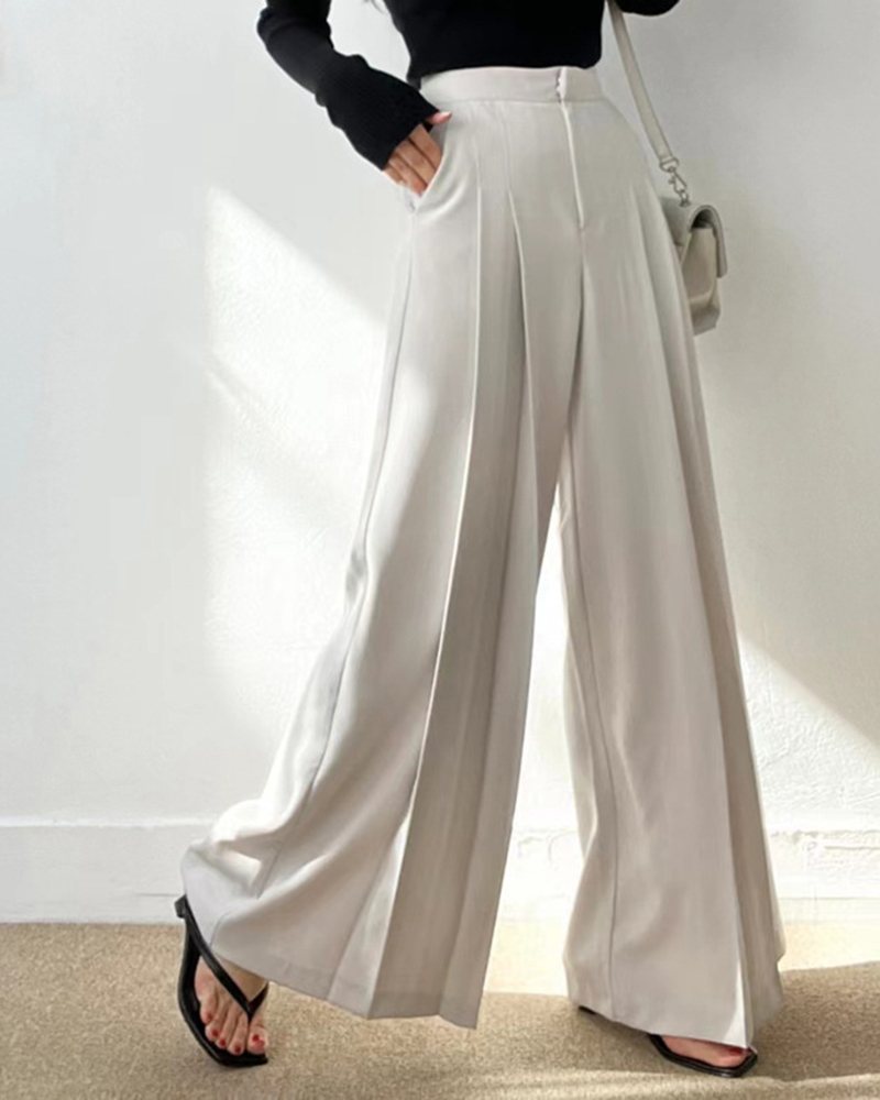 Pleated Design High Waist Side Pockets Wide Leg Trousers