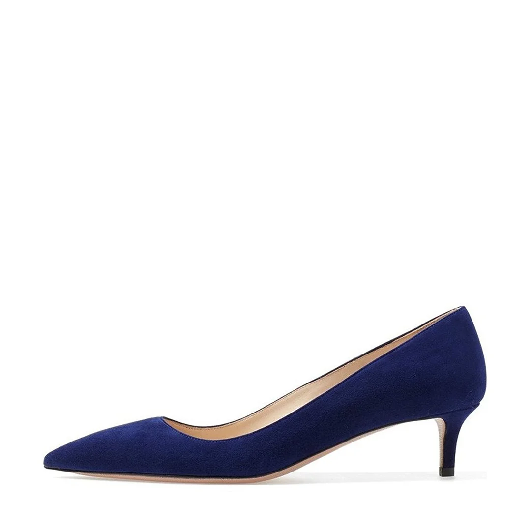 Women's Dark Blue Faux Suede Pointed Classy Pumps with Kitten Heels