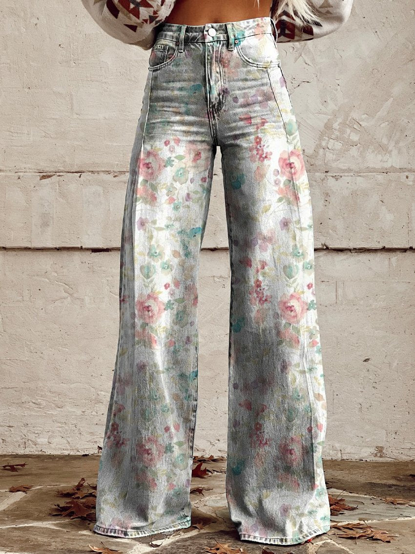 Women's Floral Pattern Print Casual Wide Leg Pants