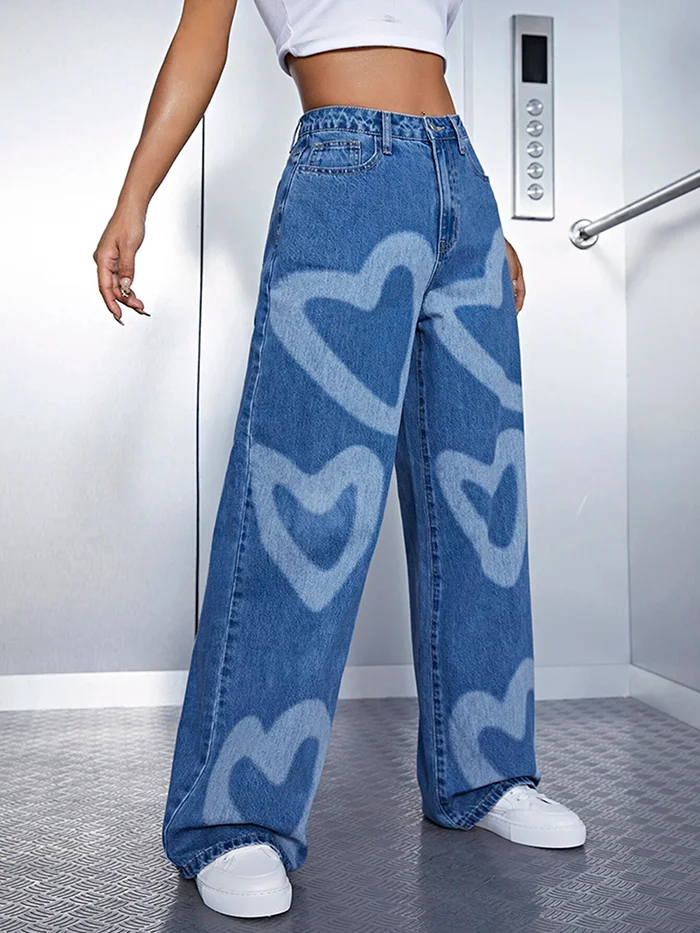 Urban Wide Leg Heart Shape Printed Jean Pants Bottoms