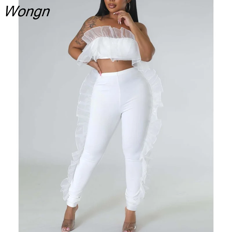 Wongn Sexy White Mesh Patchwork Skinny Matching Set Women Strapless Crop Top And Legging Suit Mullein Edge Tracksuit