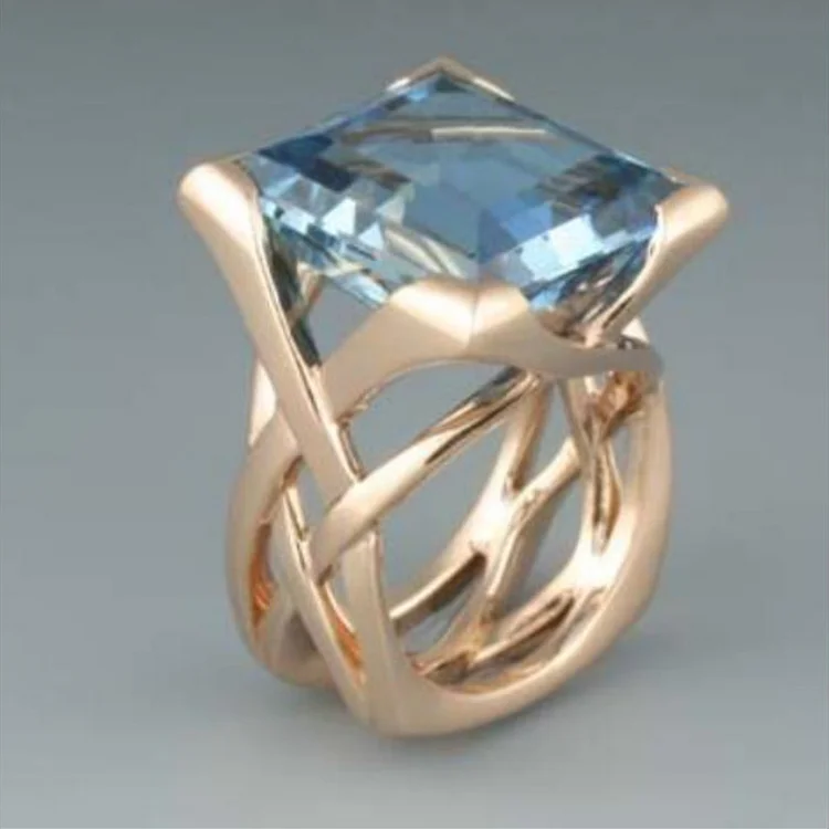 Hollow Gold Lnlaid Square Blue Stone Ring
