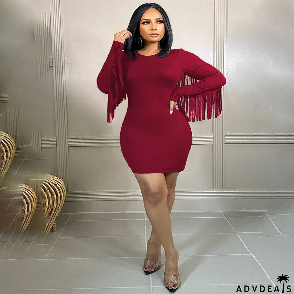 Plus Size Solid Tassel Long Sleeve Mini Dress