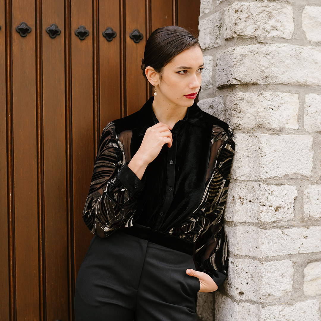 See-through Sleeves Women's Silk Velvet Shirt REAL SILK LIFE