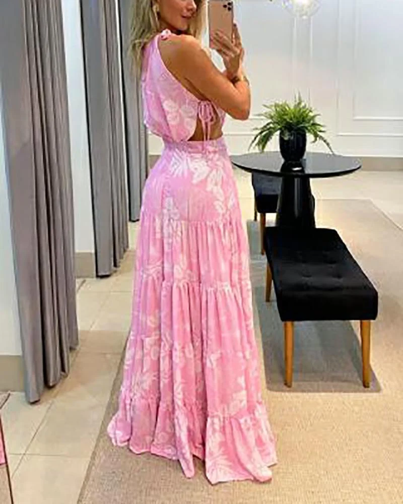 Sleeveless cropped maxi print dress