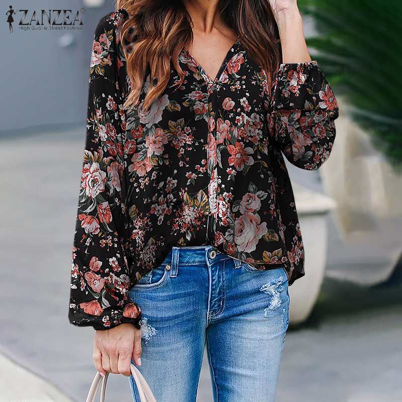 ZANZEA Women's Floral Printed Tunic Bohemian Elegant Sexy Blouse Tops  V-neck Casual Ladies Long Puff Sleeve Blusas Feminina