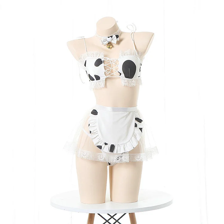 Cow Pattern Print Lace Bikini Lingerie Set - Modakawa Modakawa