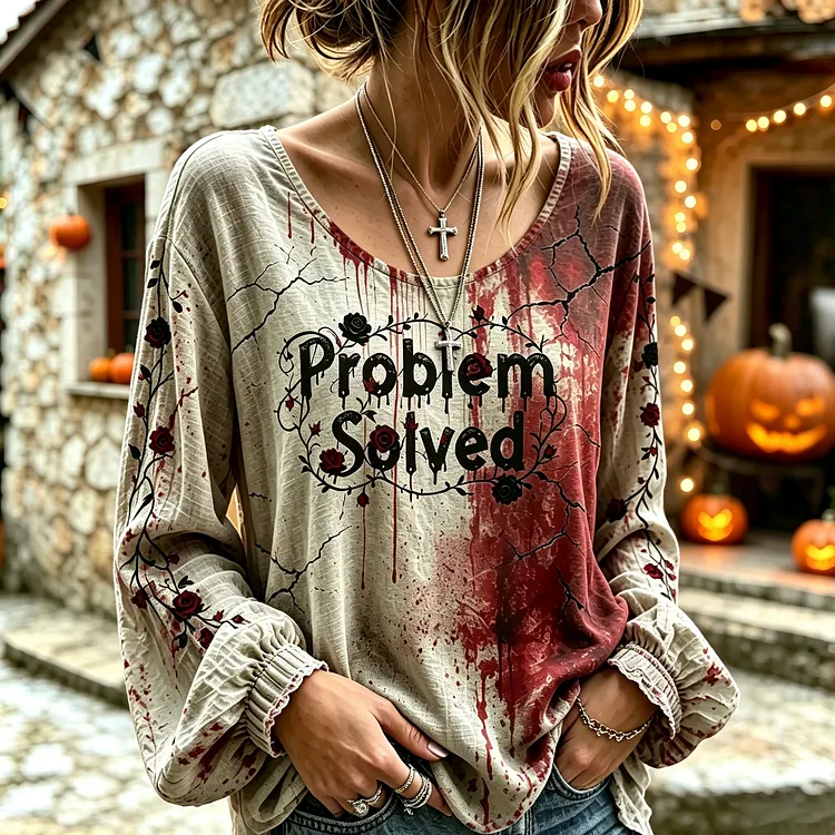 Women's Vintage Halloween Bloody Problem Solved With Rose Art Casual Long Sleeve Tops