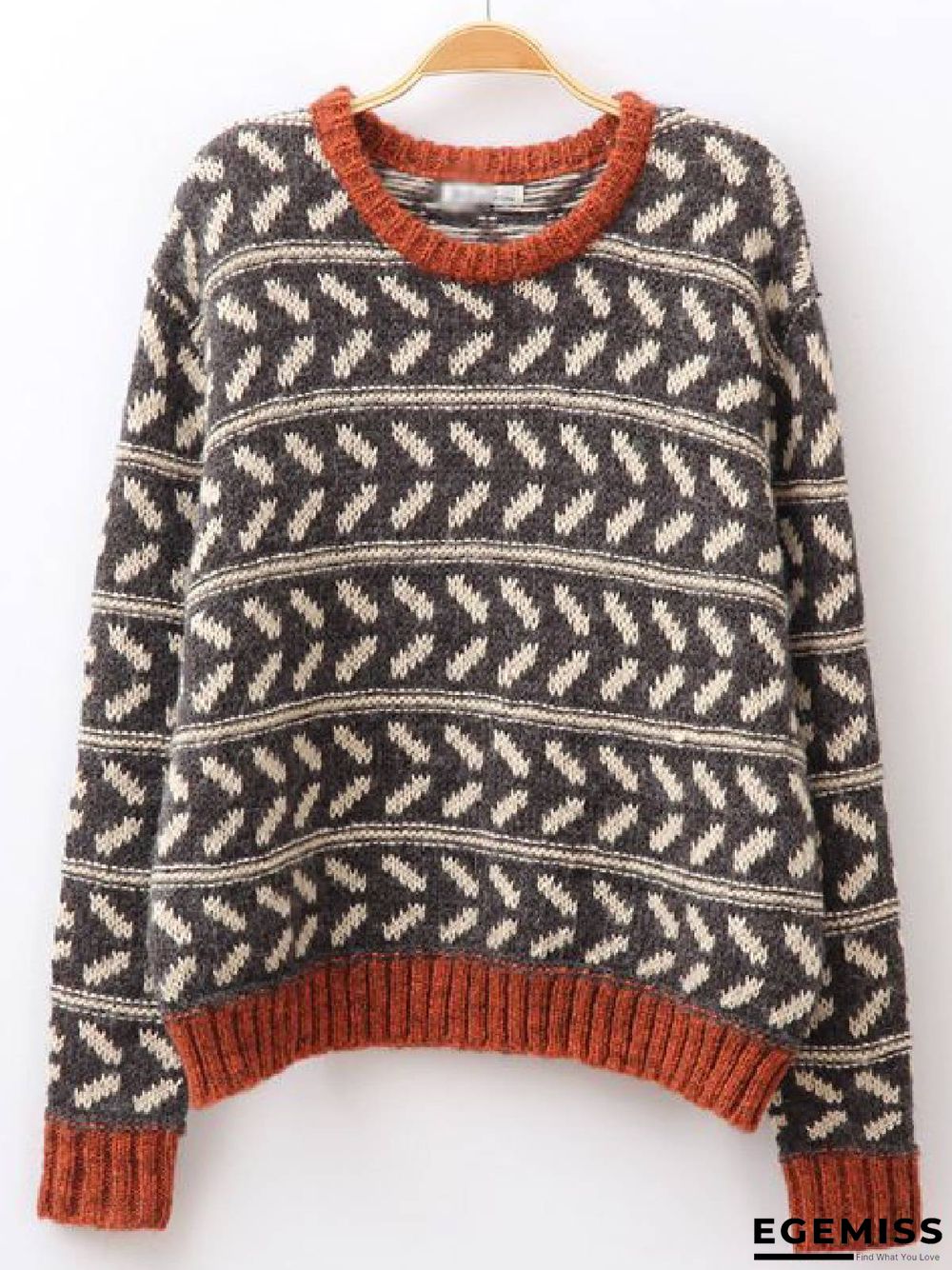 Gray Long Sleeve Leaf Knitted Sweater | EGEMISS