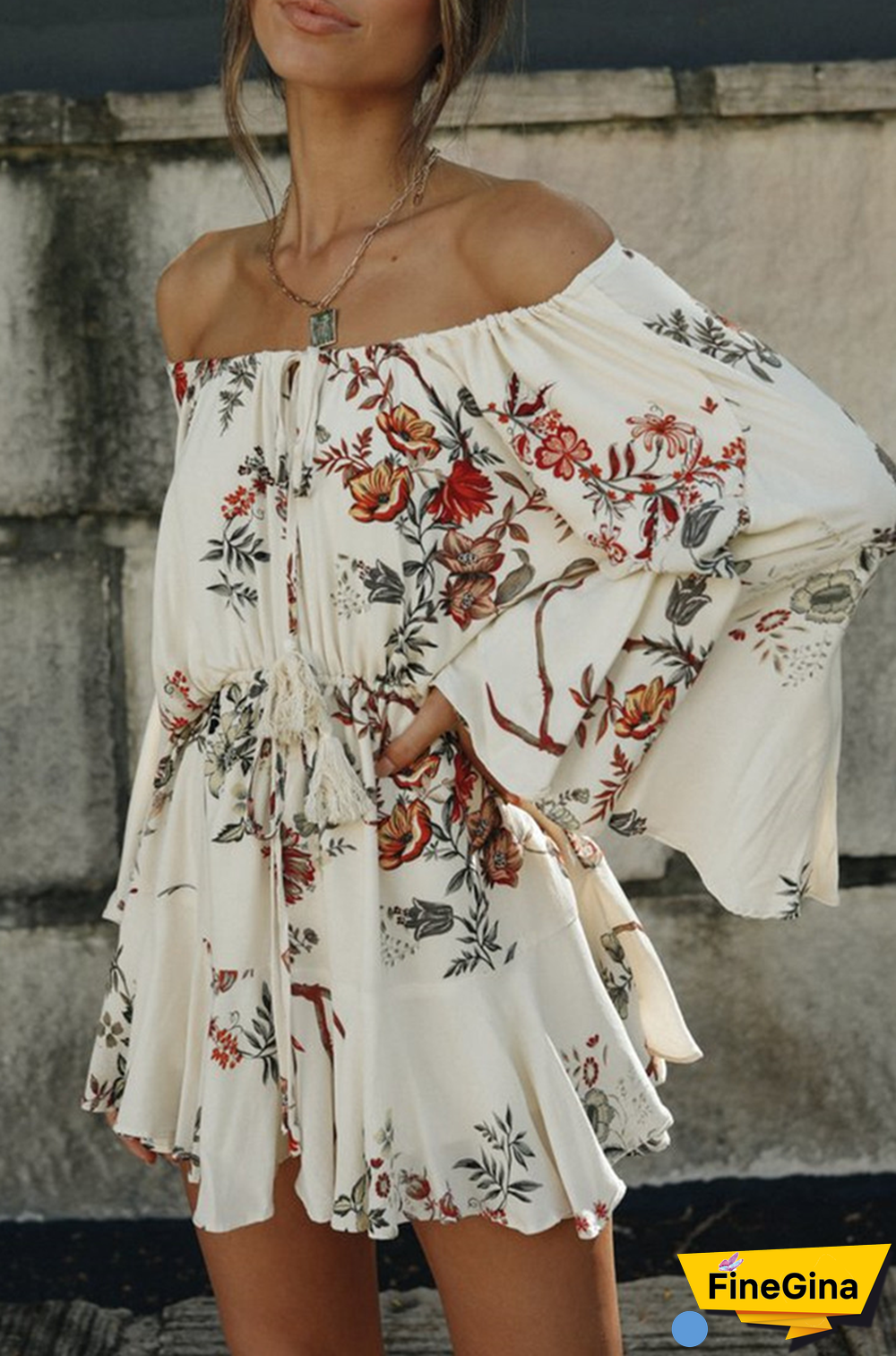 Fashion Casual Floral Split Joint Frenulum Off The Shoulder A Line Dresses