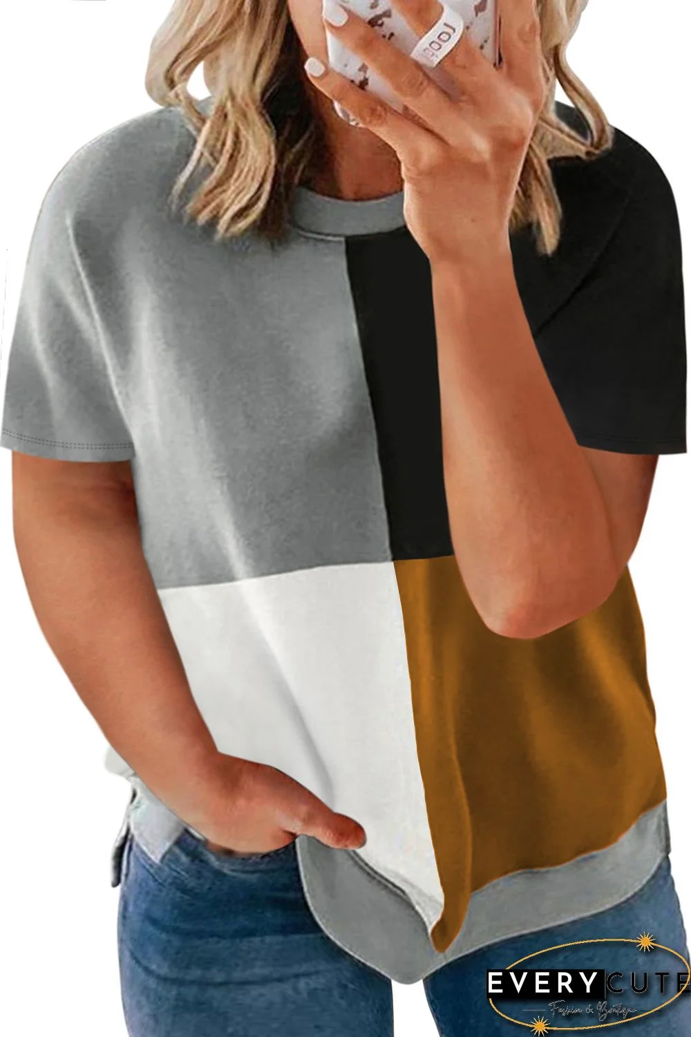 Khaki Plus Size Crew Neck Colorblock T-shirt