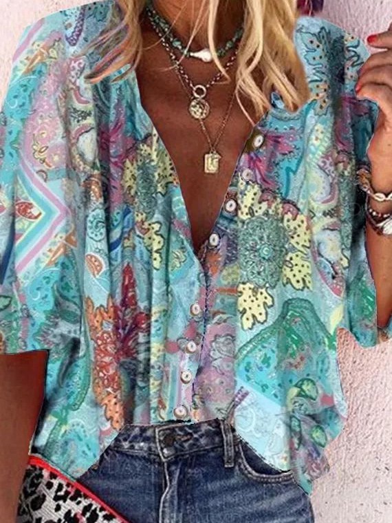 Cotton-Blend V Neck Casual Half Sleeve Shirts & Tops