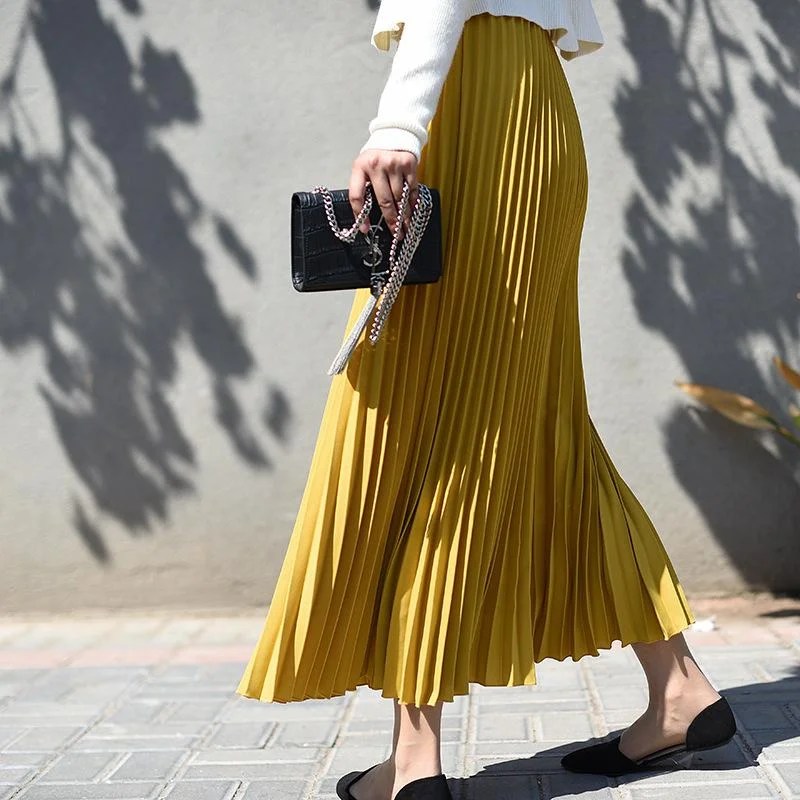 Womens Vintage Pleated Midi Long Skirt Female Korean Casual High Waist Chiffon Skirts Jupe Faldas Autumn