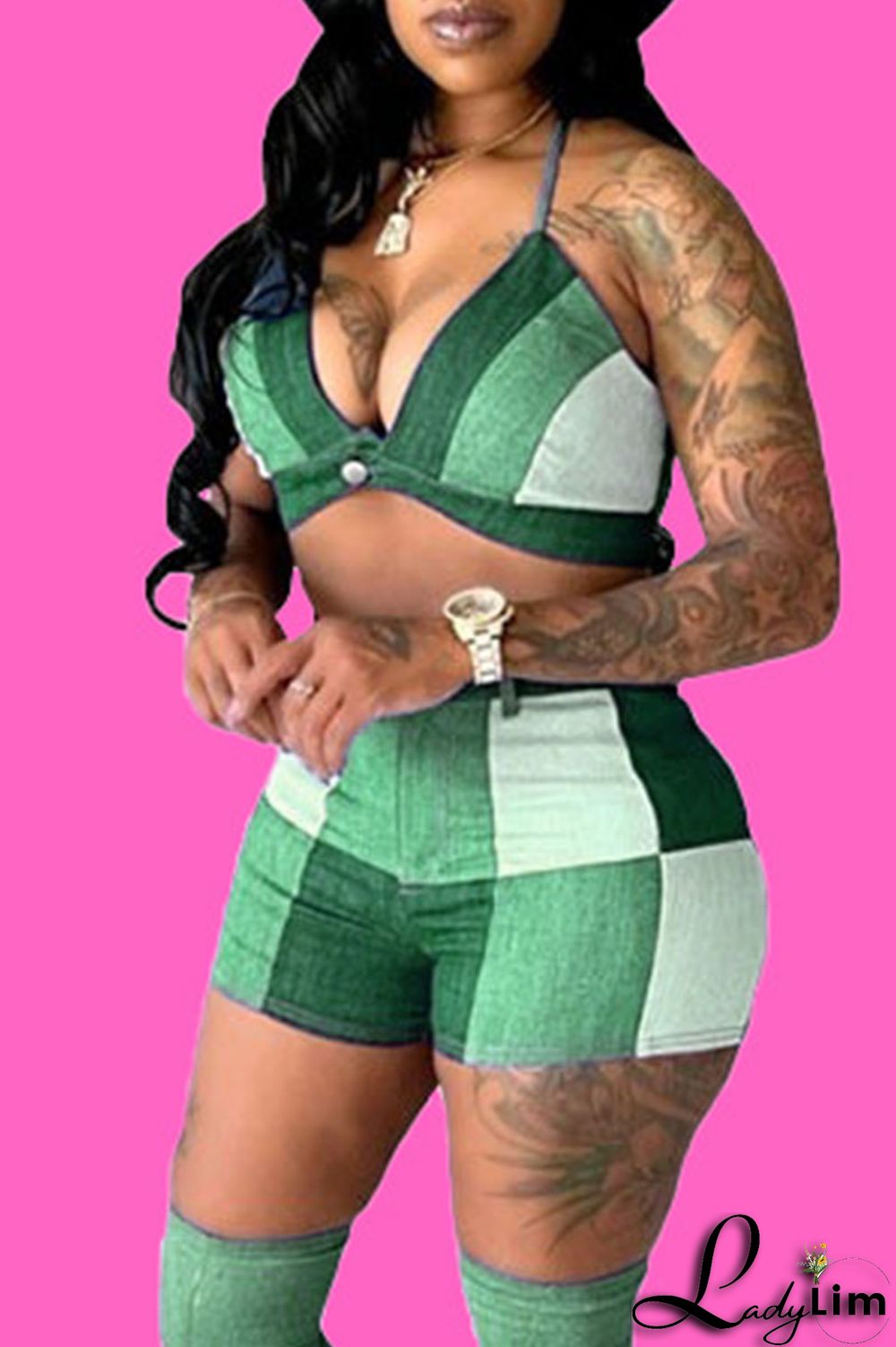 Green Sexy Print Patchwork Halter Sleeveless Two Pieces