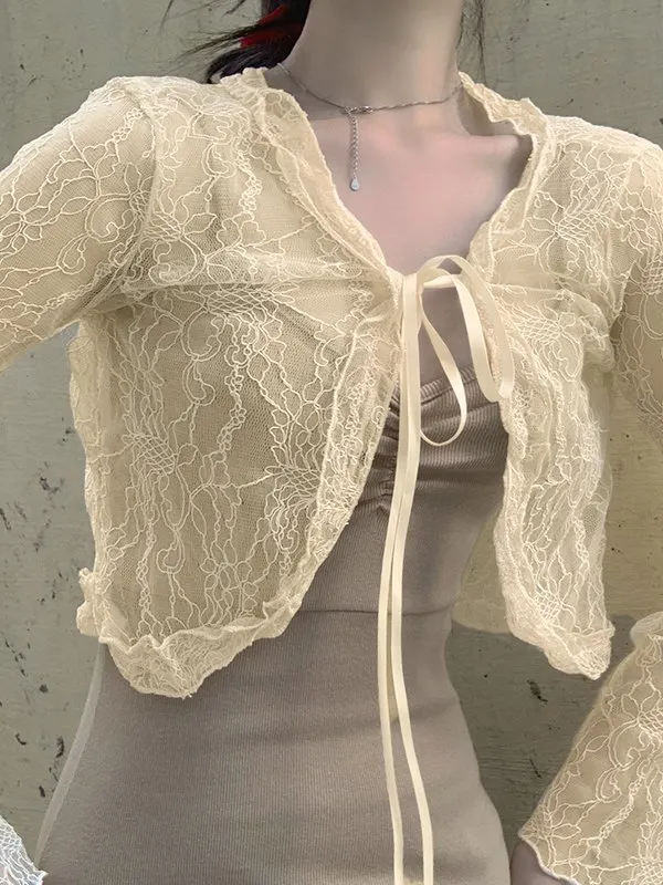 Tie Front Lace Crop Cardigan