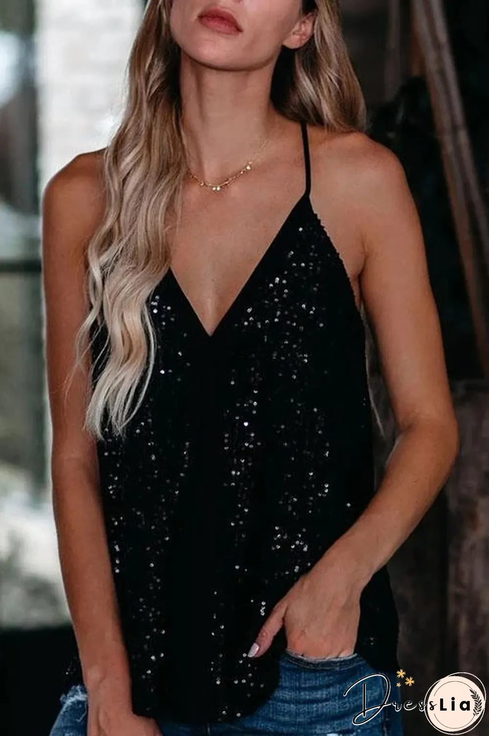 Sequin V Neck Vest Crop Top
