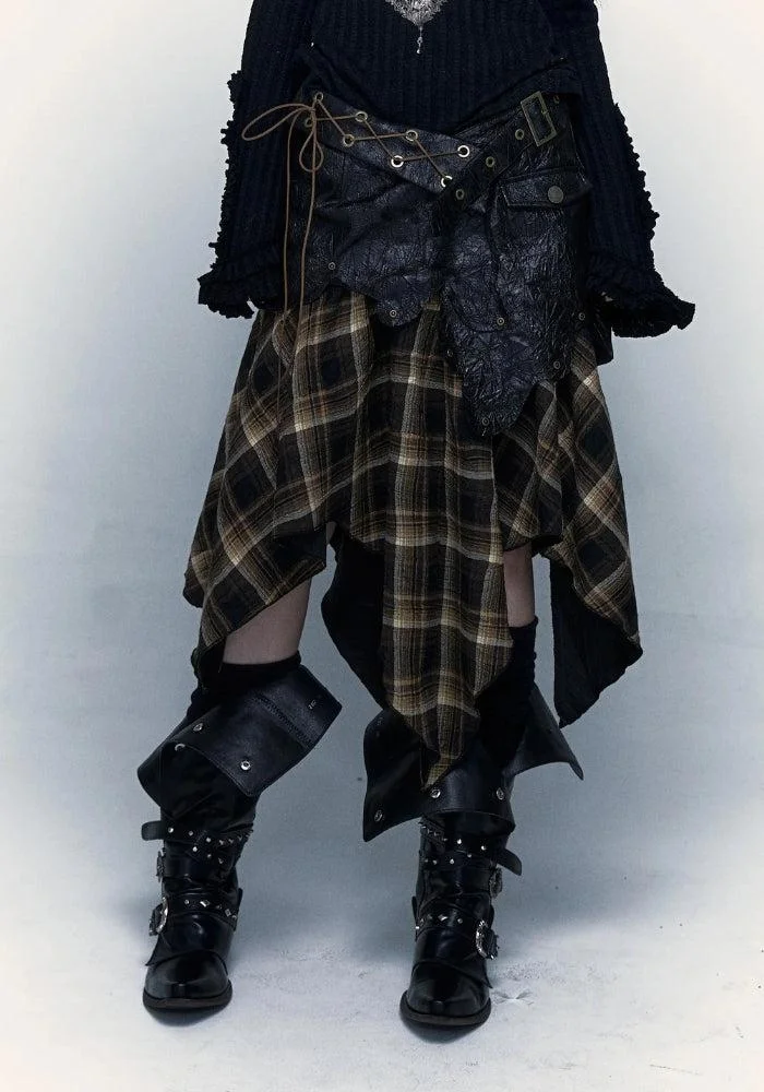 Brownm Faux Leather Plaid Midi Skirt