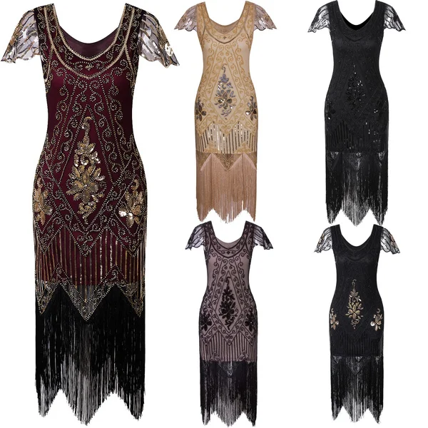 Vintage Retro Dress Party Prom Special Occasion Ladies 20s 30s 1920s Roaring Flapper Costume Sequin Gatsby Fancy Dress Plus Size Women's 1920s Dresses Vintage Gatsby Art Deco Sequin Beaded V Neck Long Cocktail Flapper Dress With Sleeves S M L XL XXL