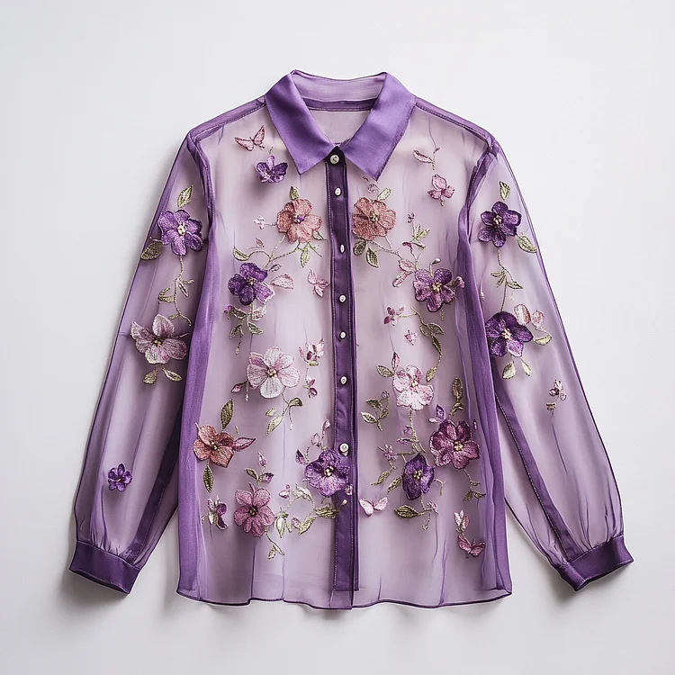 Ursime Floral Leaf Embroidery See-Through Button Long Sleeve Blouse