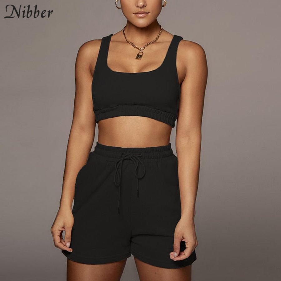 Nibber Casual Solid Sportswear 2 Two Piece Sets Women 2021 Crop Top Drawstring Shorts Matching Suits Summer Athleisure Outfits