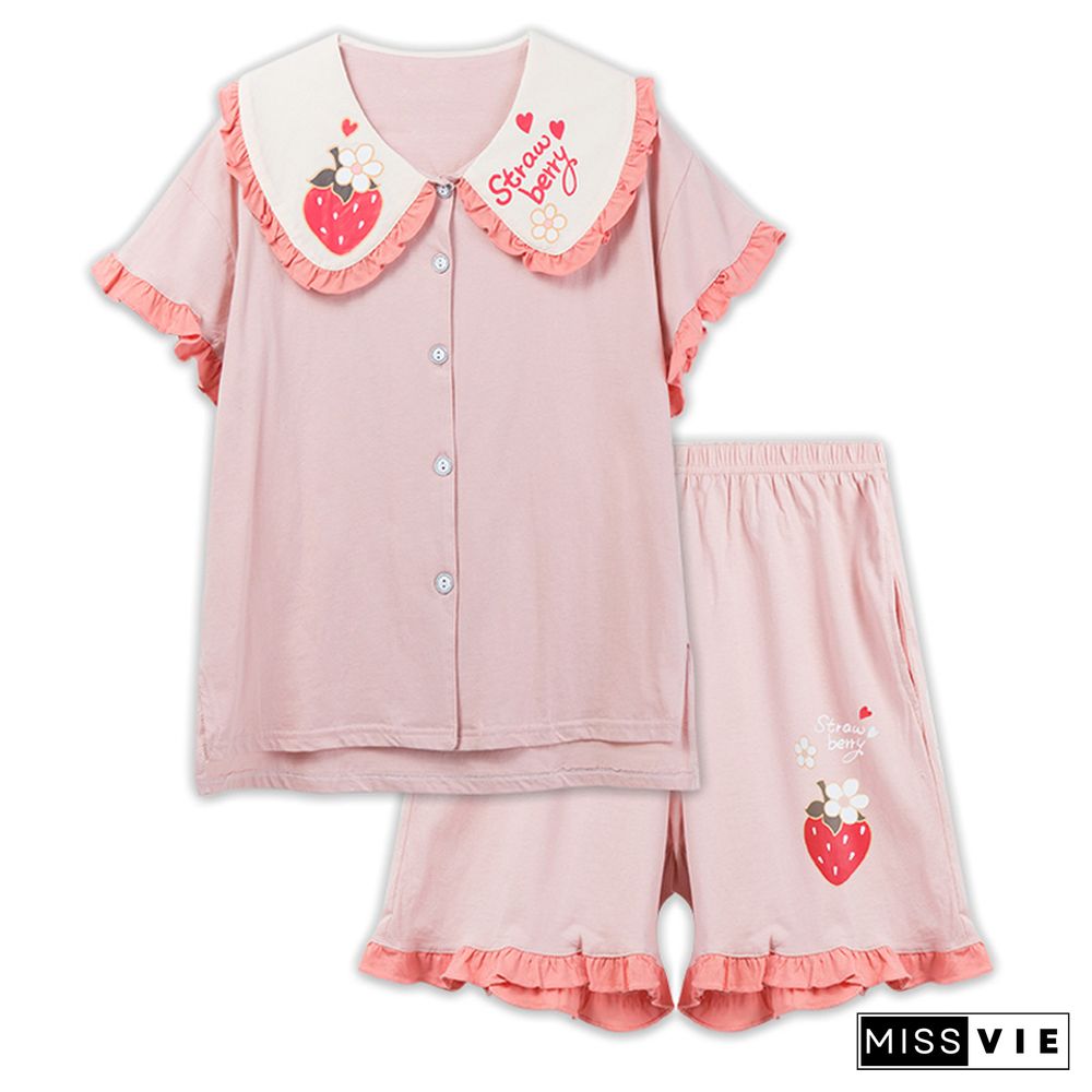 Cartoon Animal Fruit Print Cotton Pocket Pajamas Set