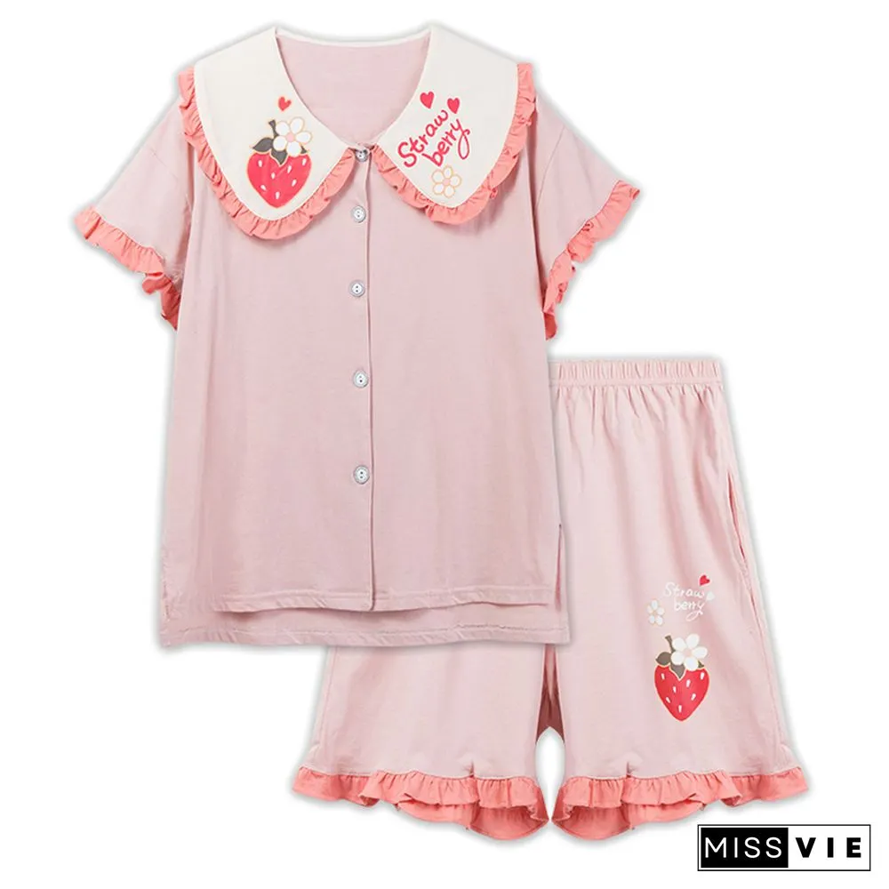 Cartoon Animal Fruit Print Cotton Pocket Pajamas Set
