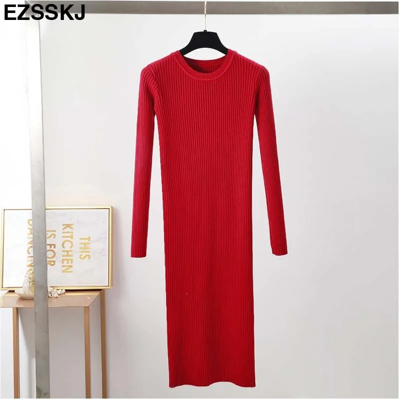 Autumn Winter long Sweater dress women solid bodycon Thick dress Female Jumper O-neck slim basic knit dress Long sleeve
