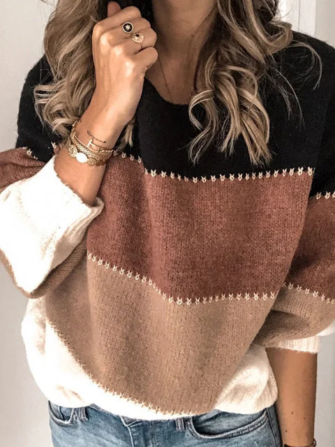 Women plus size clothing Women Long Sleeve Scoop Neck Stitching Colorblock Sweaters-Nordswear