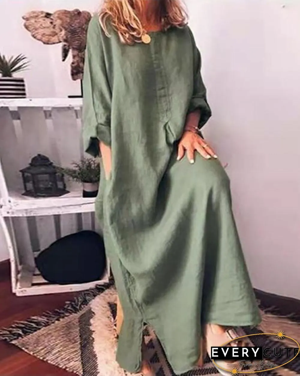 Solid Color Oversized Home Dress Casual Loose Cotton Linen Dress