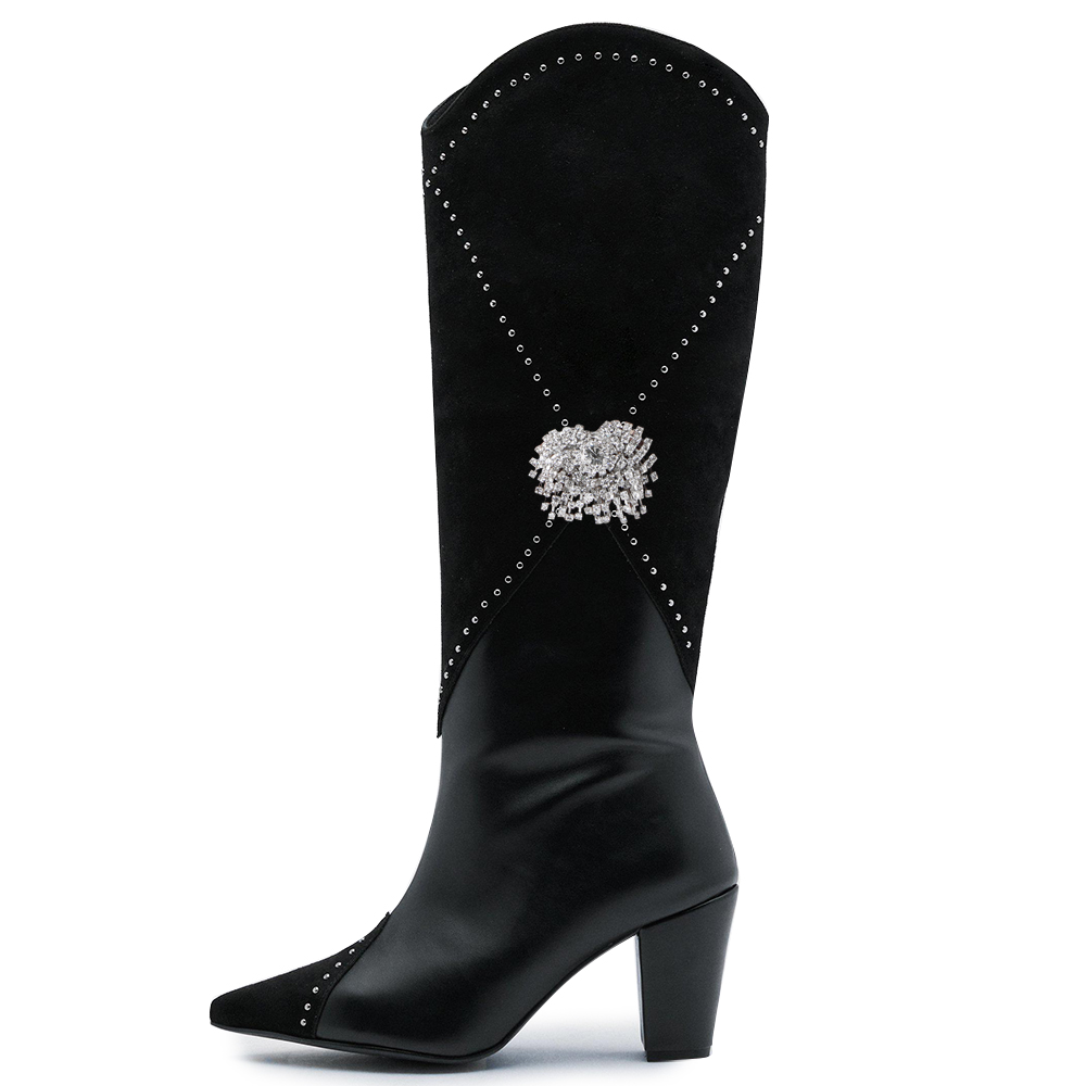 Black Vegan Suede Splicing Pointed Toe Rhinestone Western Tall Boots Nicepairs