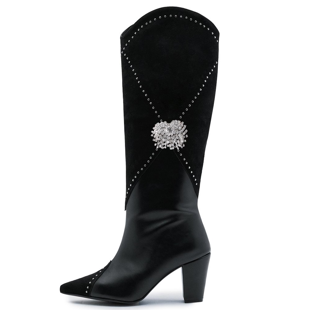 Pointed Toe Leather Knee Boots Black Cone Heel Knee Boots Nicepairs
