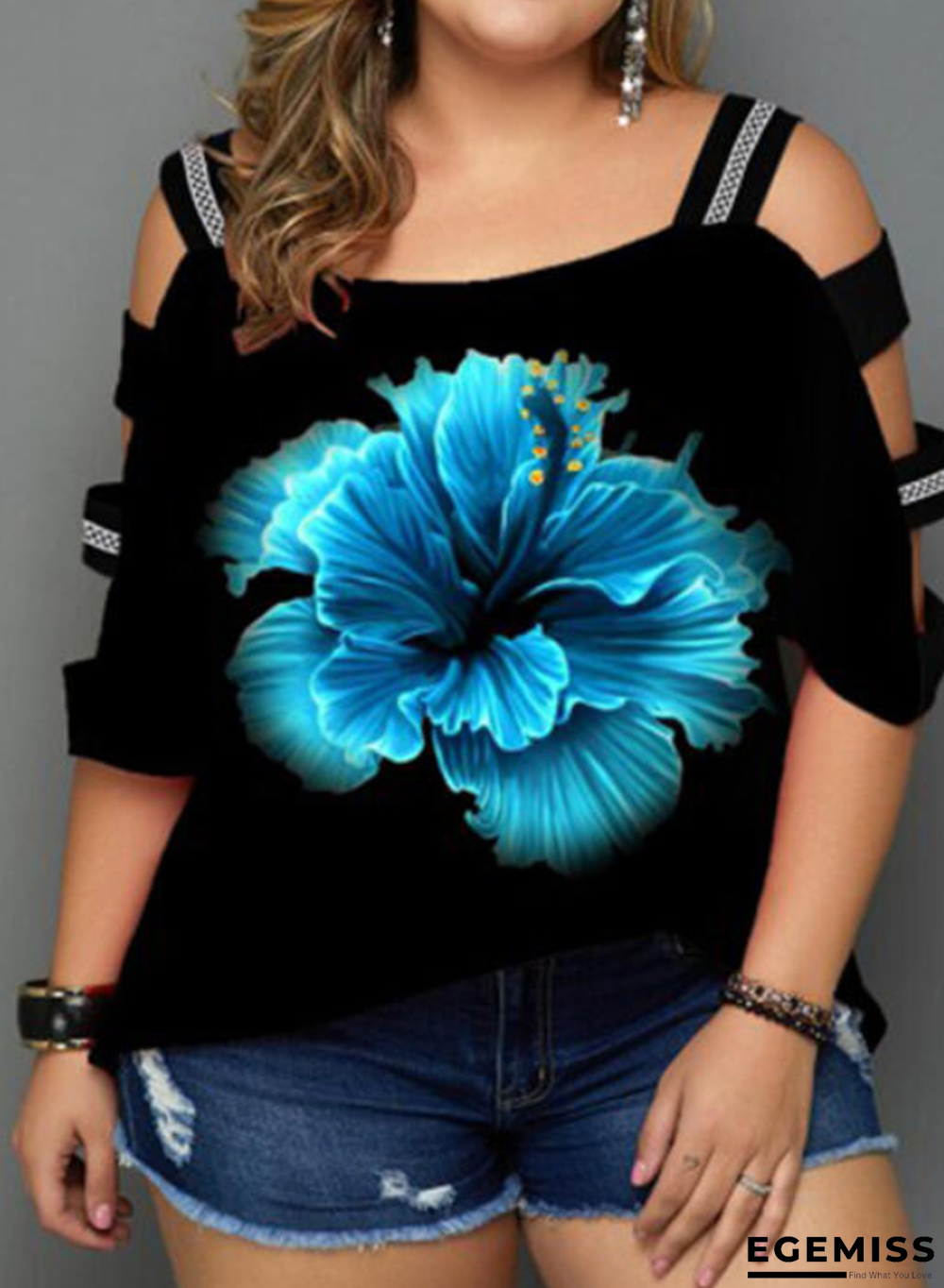 Print Floral Cold Shoulder 3/4 Sleeves Casual Plus Size T-shirts | EGEMISS