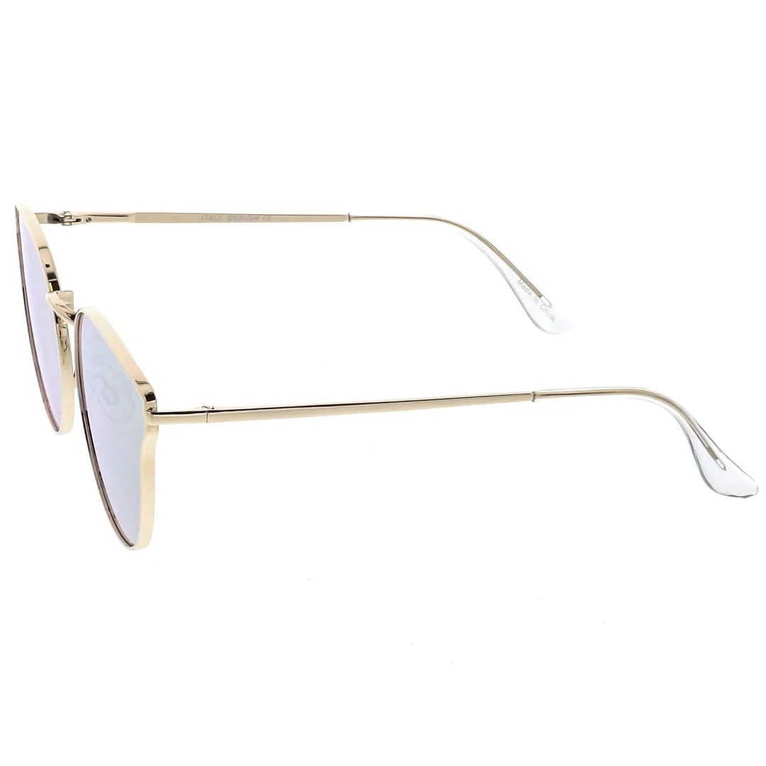 Premium Metal Cat Eye Sunglasse With Slim Arms And Round Colored Mirror Flat Lens 54mm