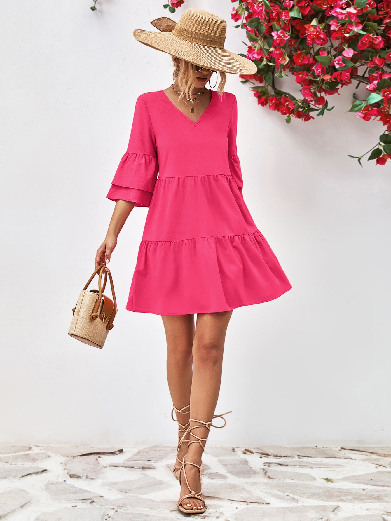 Llyge hoco dresses V-Neck Flare Sleeve Mini Dress llyge