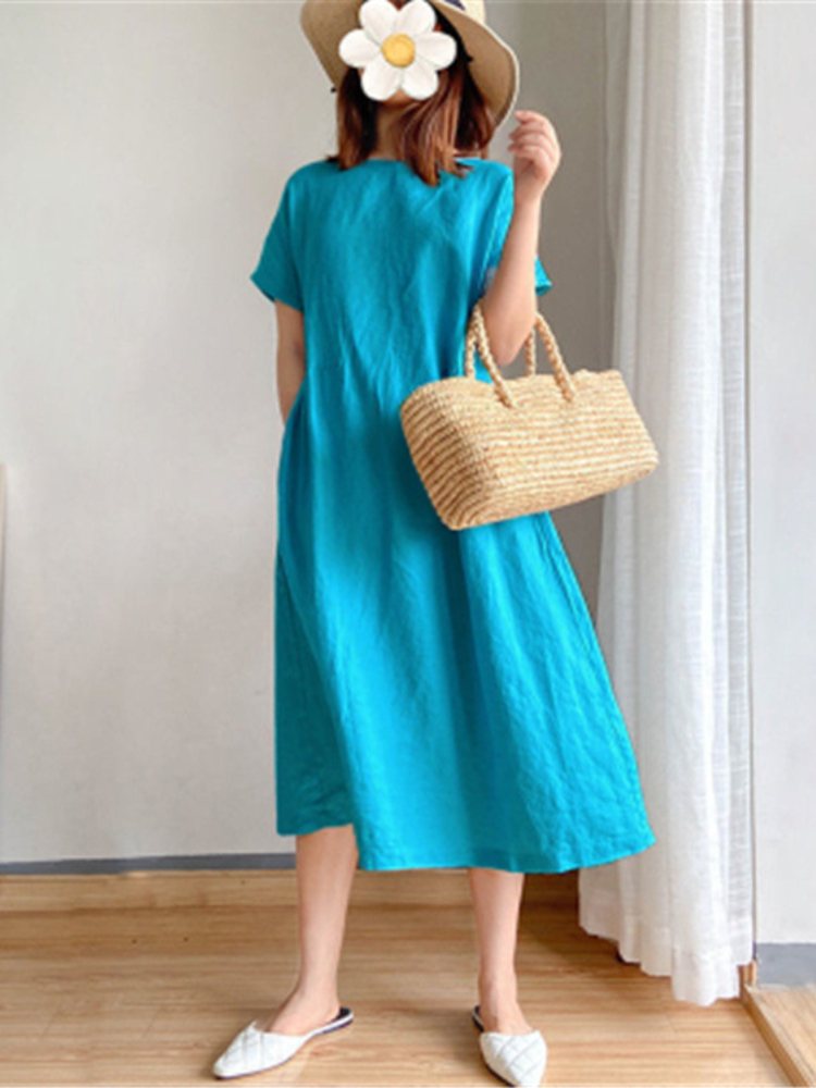 Summer Cotton Linen Solid Color Large Size Dress