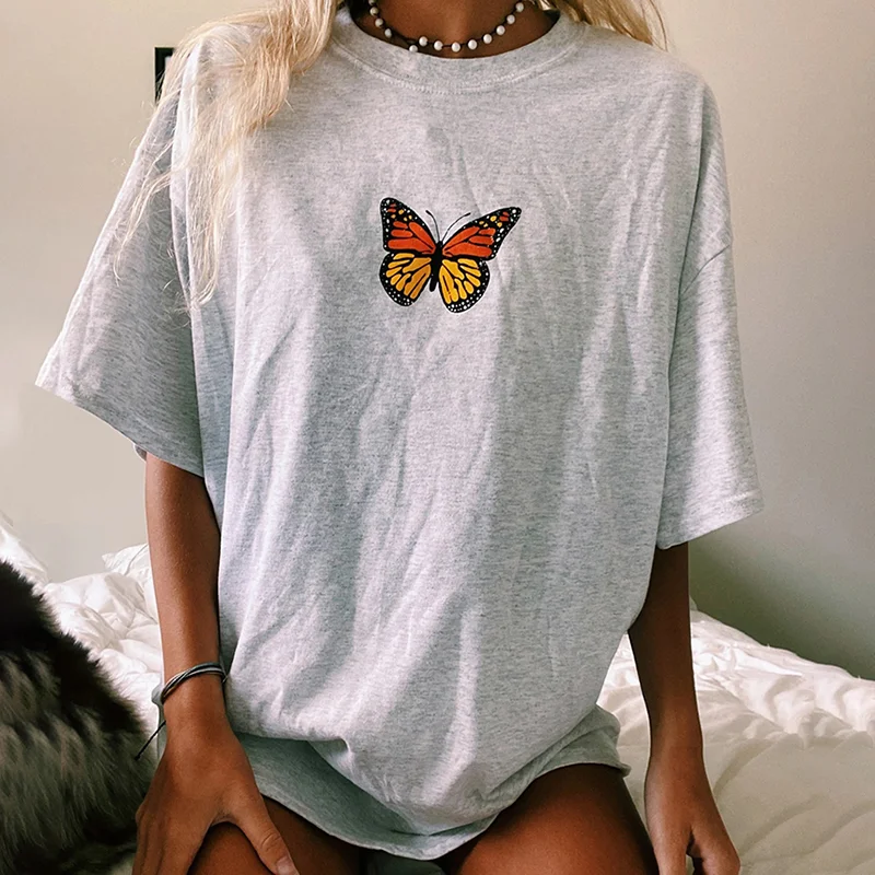 Casual Grey Butterfly Print T-Shirt