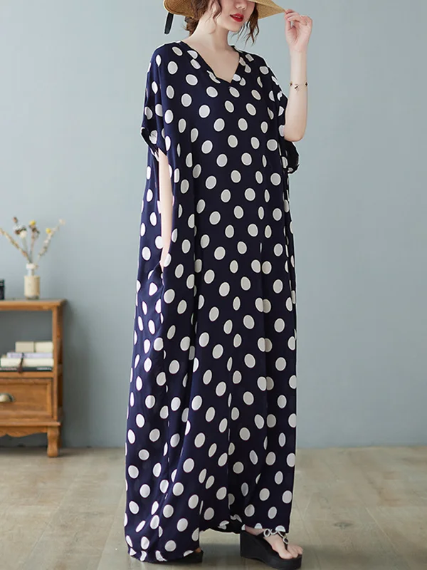 Urban Roomy Batwing Sleeves Polka-Dot Stamped A-Line Maxi Dress