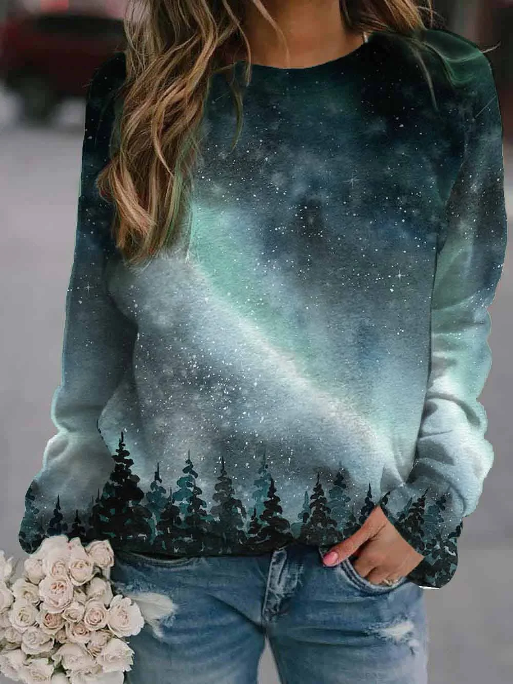 Uveng Landscape Flower Floral Print Long Sleeve Sweaters