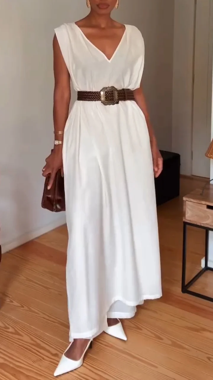 Women's V-neck Long Loose Dress + Trousers Casual Suit