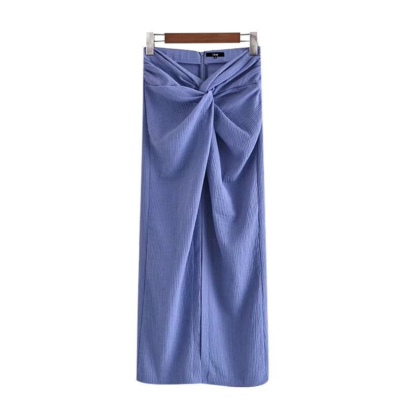 TRAF Women Chic Fashion With Knot Front Vents Midi Skirt Vintage High Waist Back Zipper Female Skirts Mujer