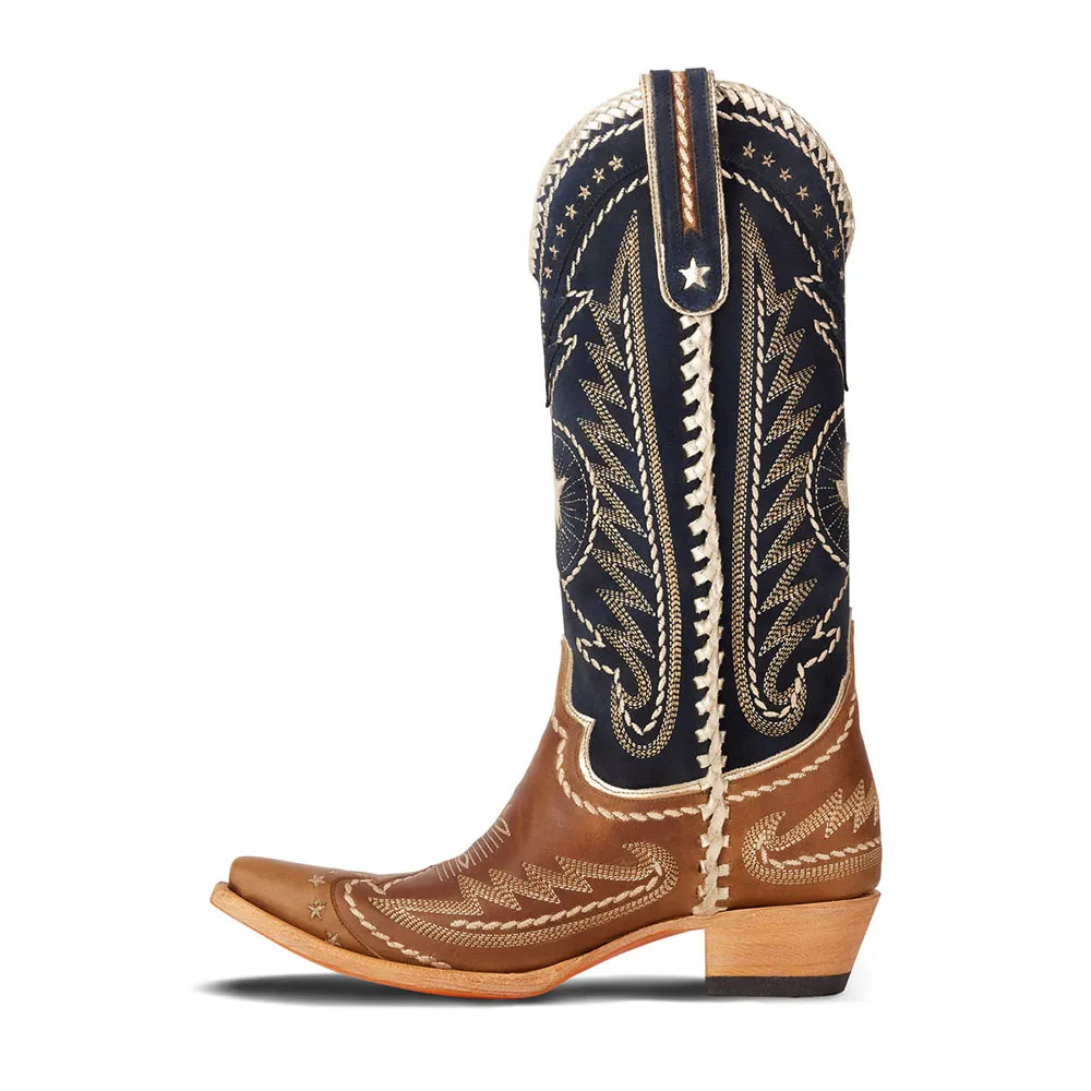 Brown & Navy Stars Chunky Heel Embroidered Western Boots for Women