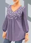 Plus Size Leaf Sequin Lantern Sleeve V Neck Blouse
