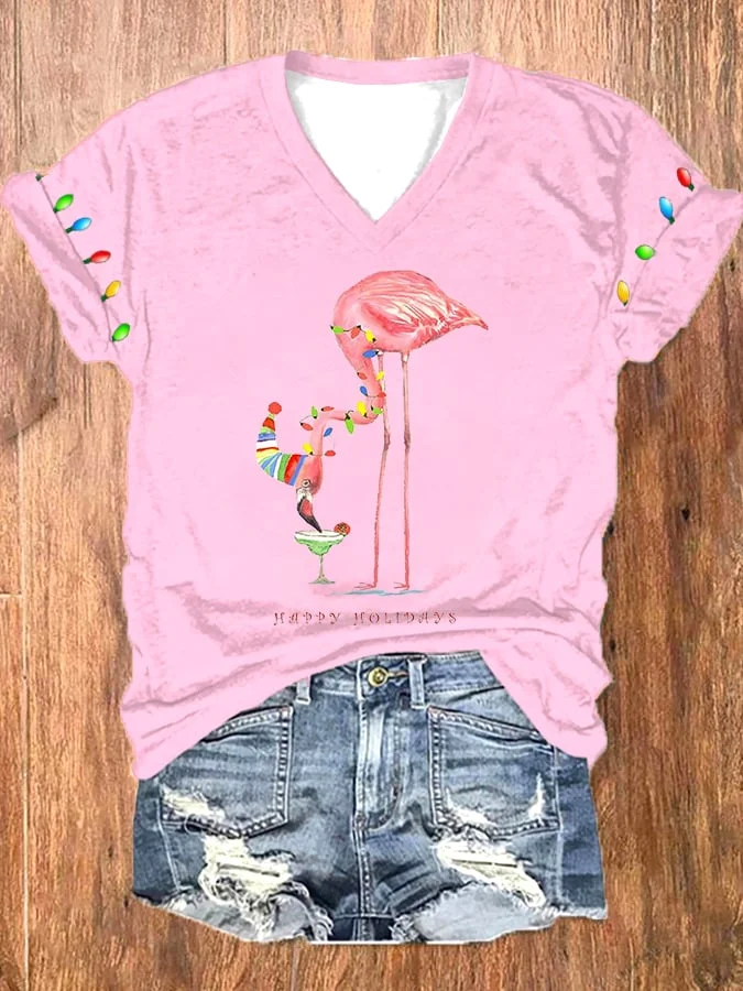 Women's Merry Christmas Christmas   Flamingo Print T-Shirt