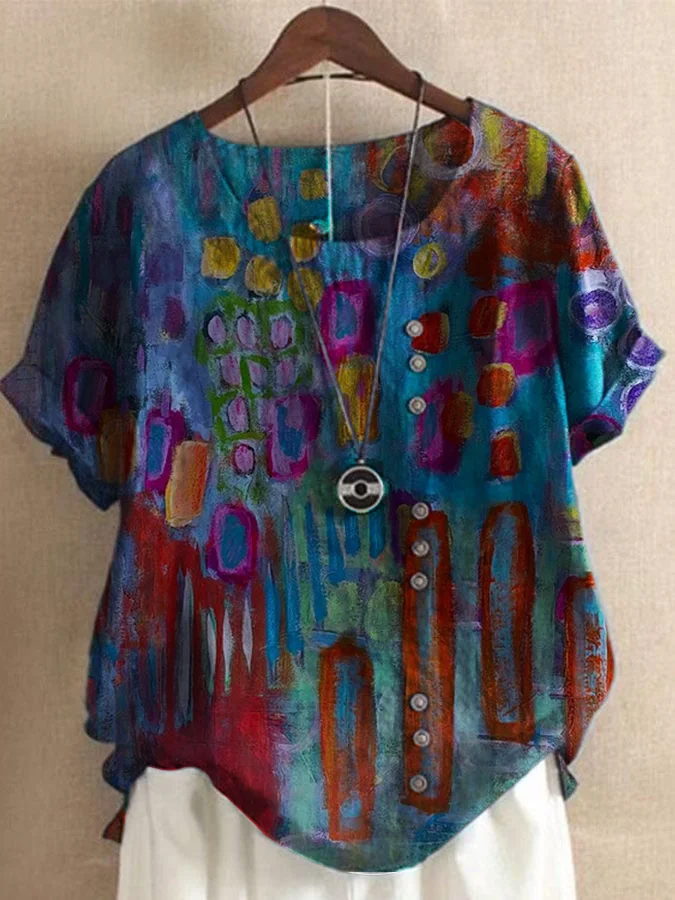 Retro colorful geometric print casual Vintage T-Shirt