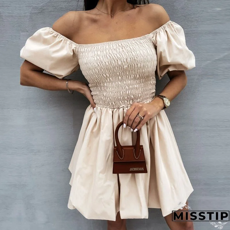 Women Elegant Puff Sleeve Mini Dress Sexy Off Shoulder Solid Party Dress Summer Sweet Lady Elastic Waist Beach Dresses Vestidos