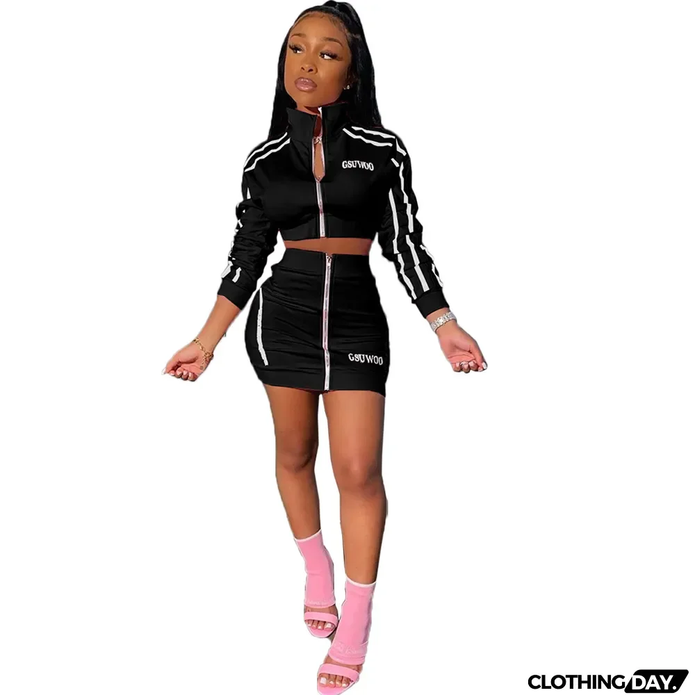 Fashion Letter Embroidery Zipper Skirt Suit