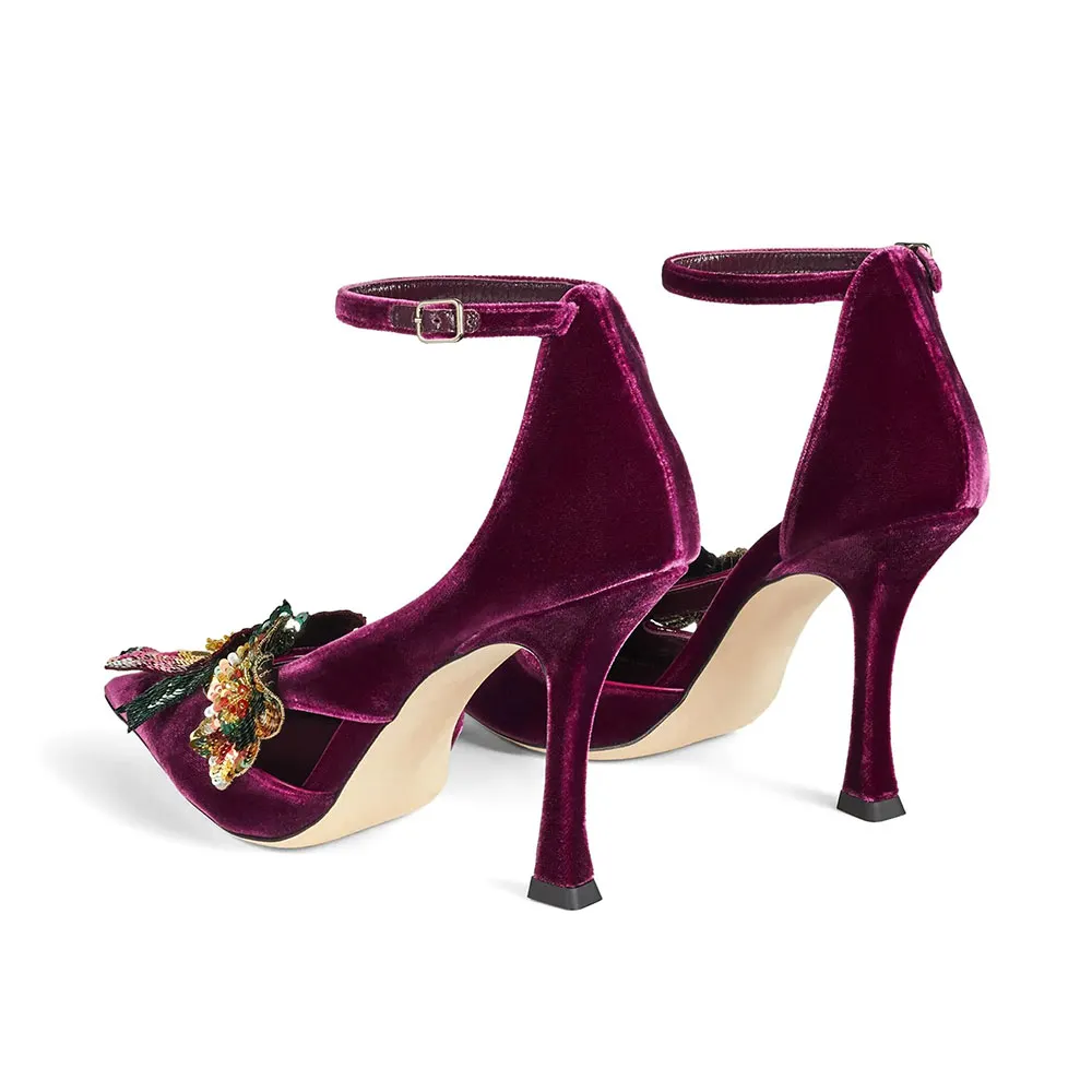 Burgundy Velvet Pointed Toe Sequin Flower Ankle Strap Pumps Shoes